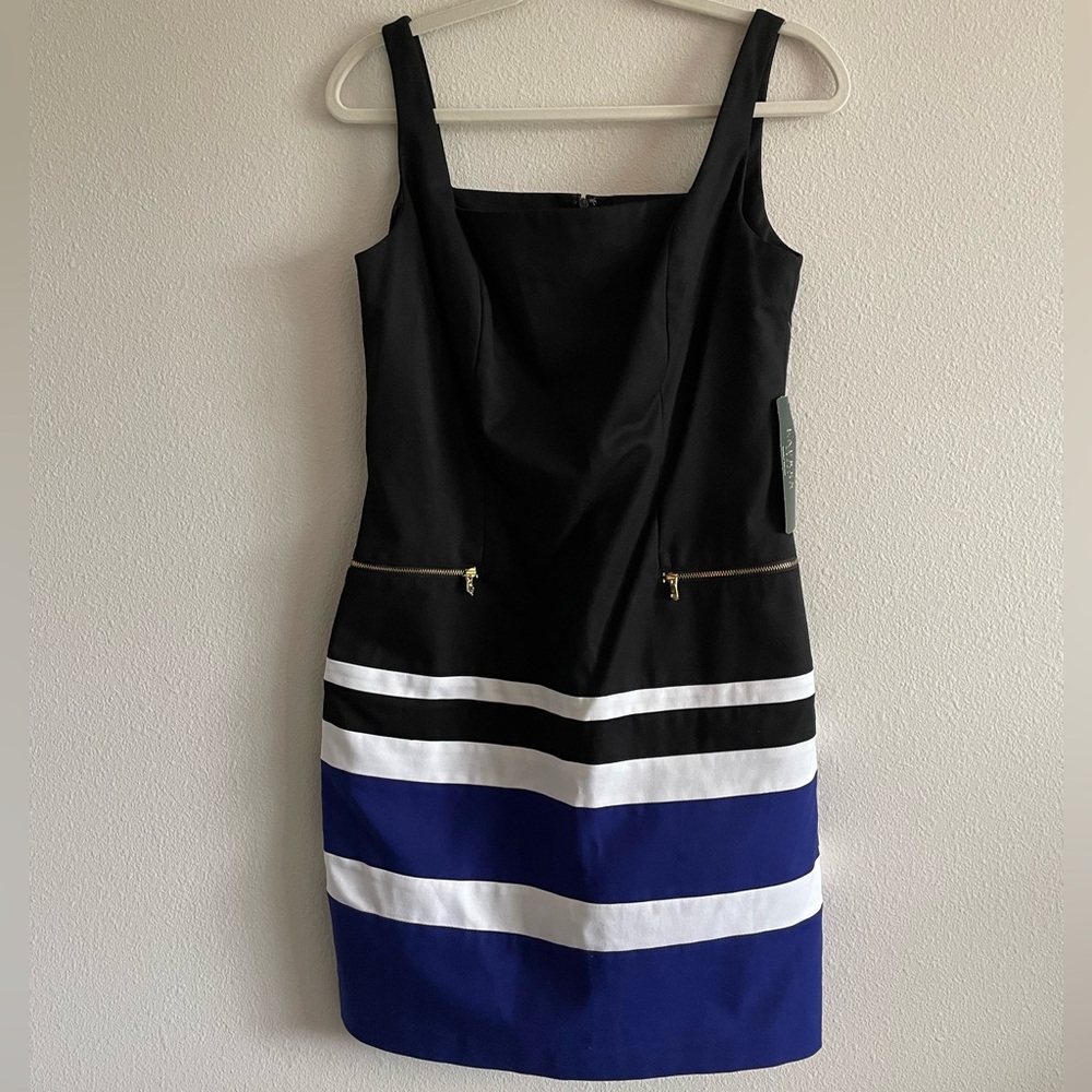 NWT Lauren Ralph Lauren Cocktail Shift Sheath Dress Women’s 8 Striped Black Blue